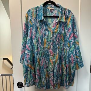 WomanWithin Oversized Tunic Top Blouse Button Front Tropical Colorful 1/2 Sleeve